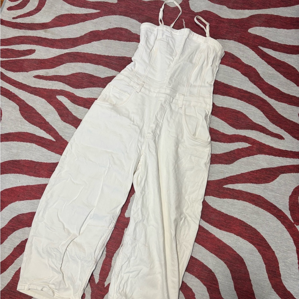 Free People White Denim Barrel Leg Jumpsuit